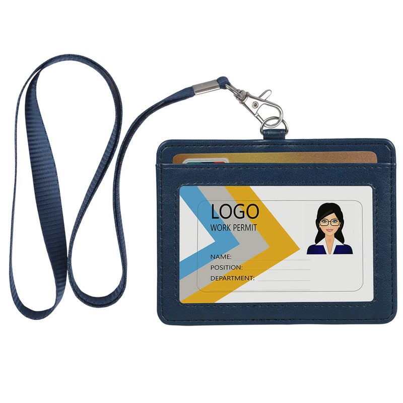 Teskyer Badge Holder with Lanyard, Leather ID Name Badge Card Holder with Lanyard for ID Badges, Horizontal Blue - Image 1